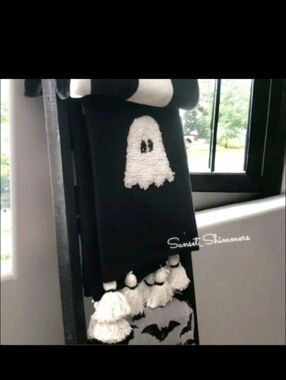 Rachel Zoe Black White Ghost Throw Blanket Decor w/ Tassels 60" Halloween NEW